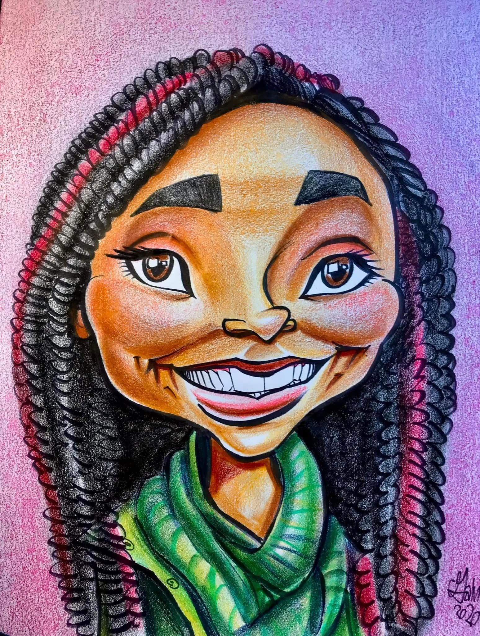 Colorful cartoon portrait with braided hair, arched brows, and a broad smile on a purple background