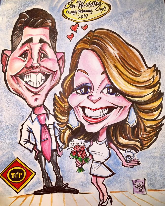 Cartoon of a smiling couple in formal clothes, the man holding flowers, with a romantic heart above them.