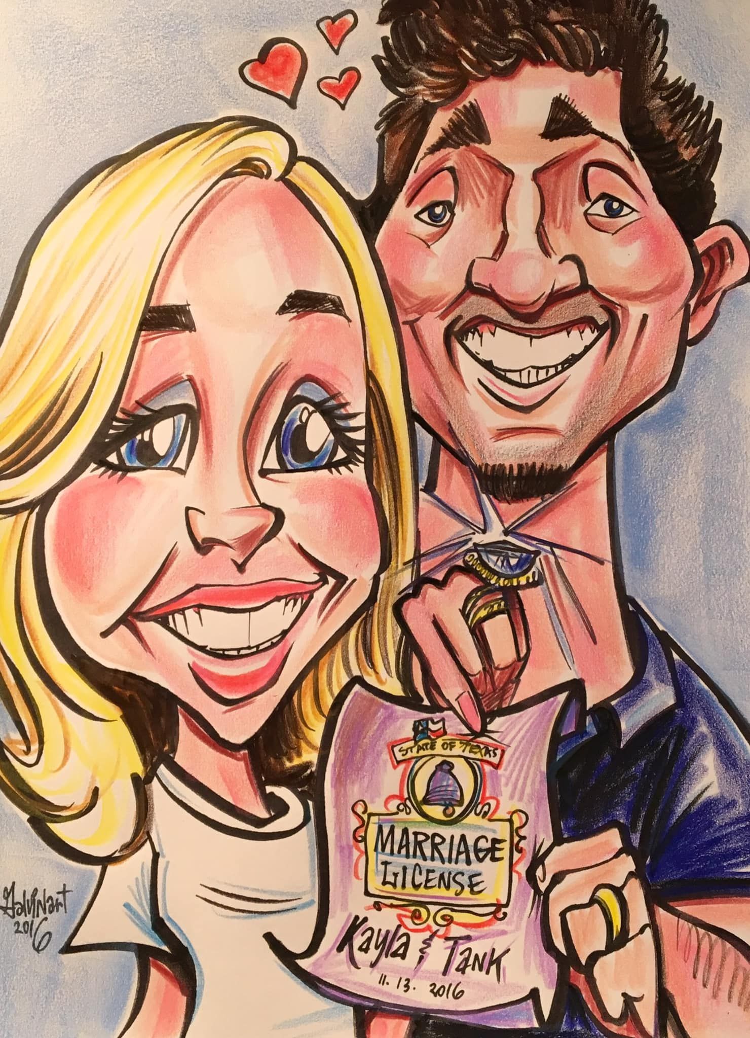 Smiling couple holding a marriage license, with hearts above them and a ring on the man’s finger.