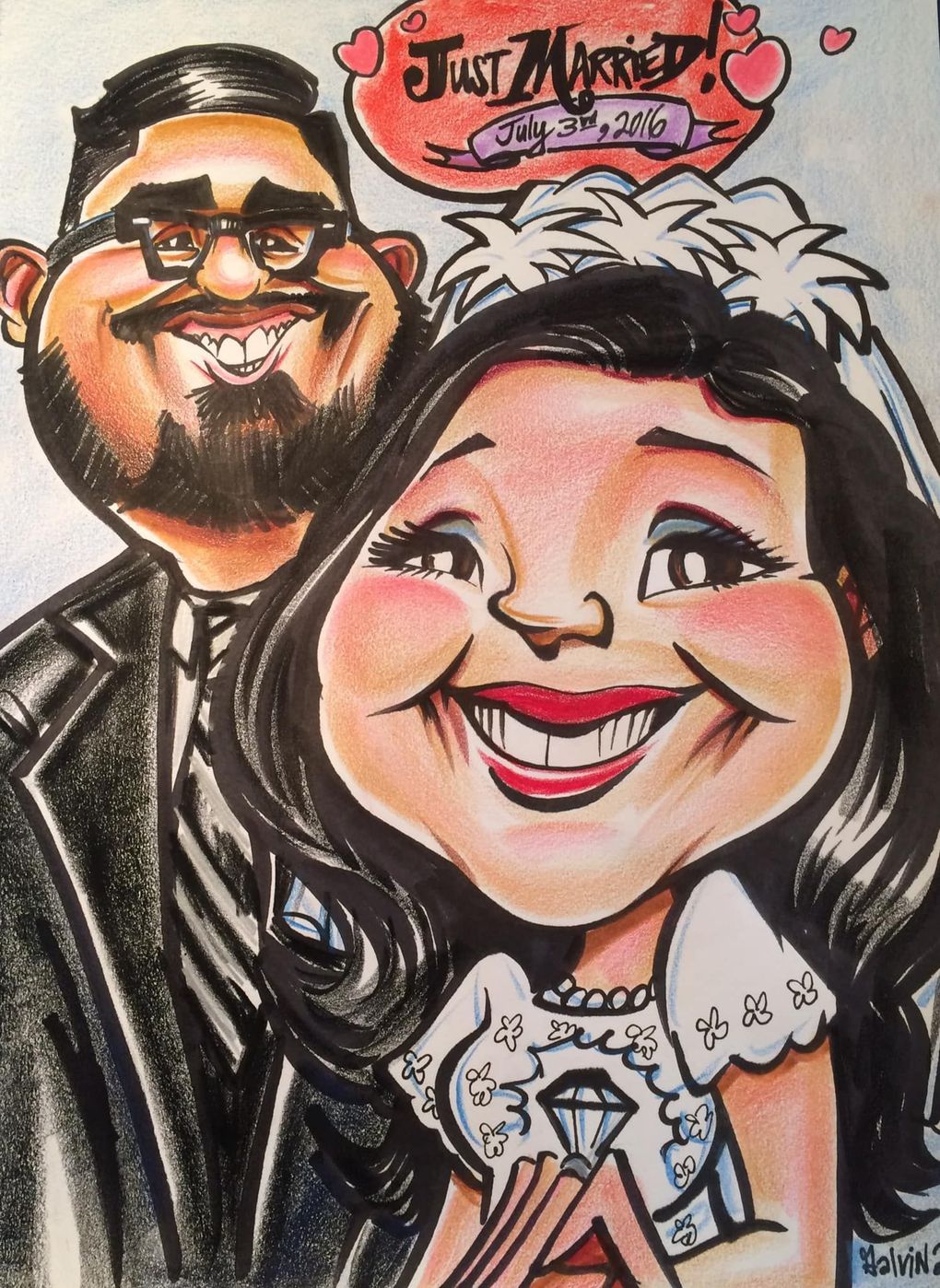 Caricature of a smiling couple in wedding attire with a heart banner above them