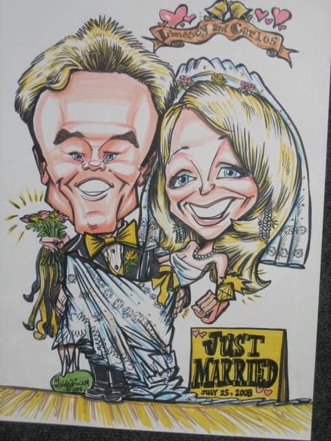 Caricature of a smiling bride and groom in wedding attire beside a “Just Married” sign.