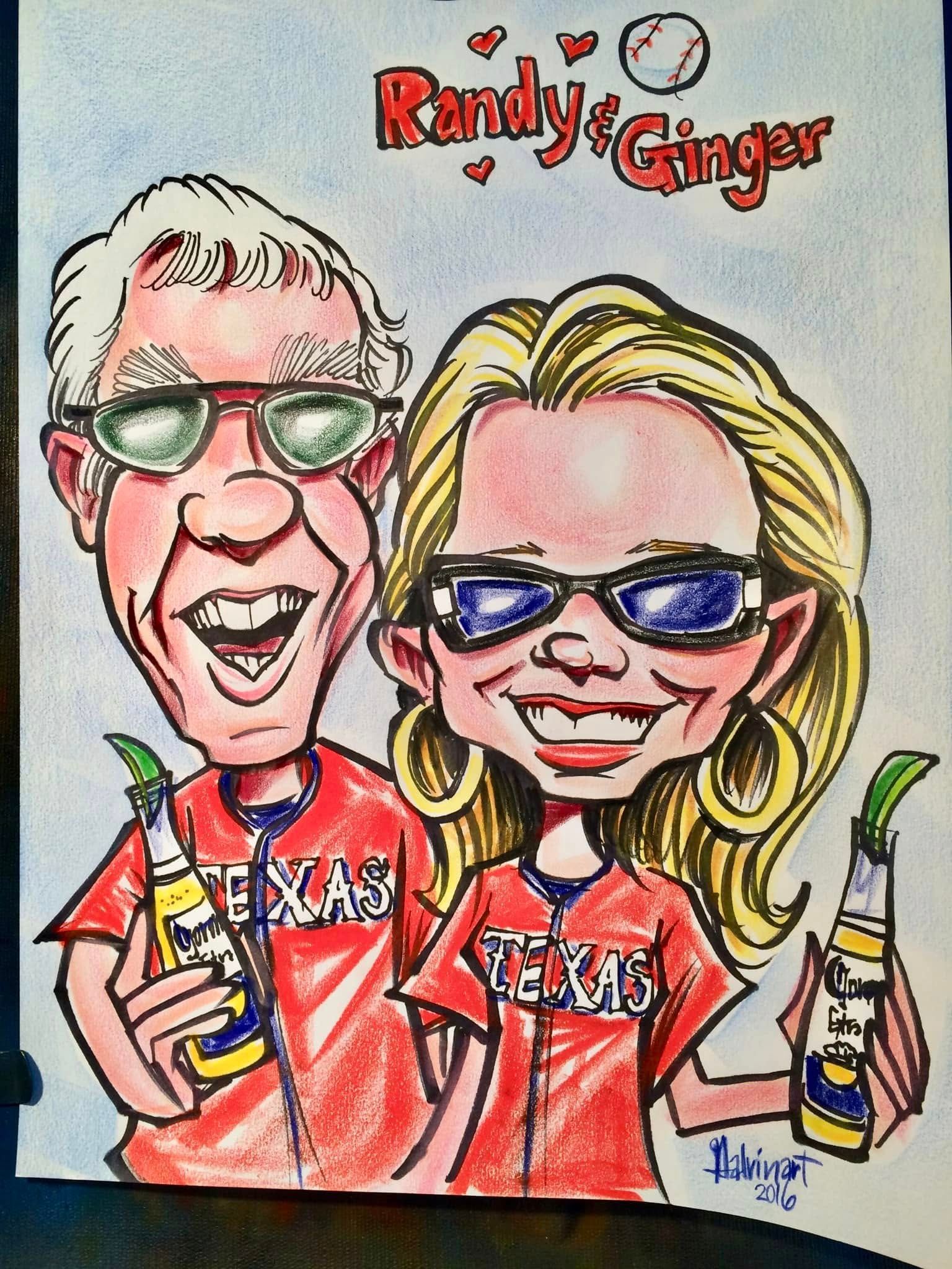 Caricature of two smiling people in red Texas shirts and sunglasses, holding drinks, with “Randy G” above.