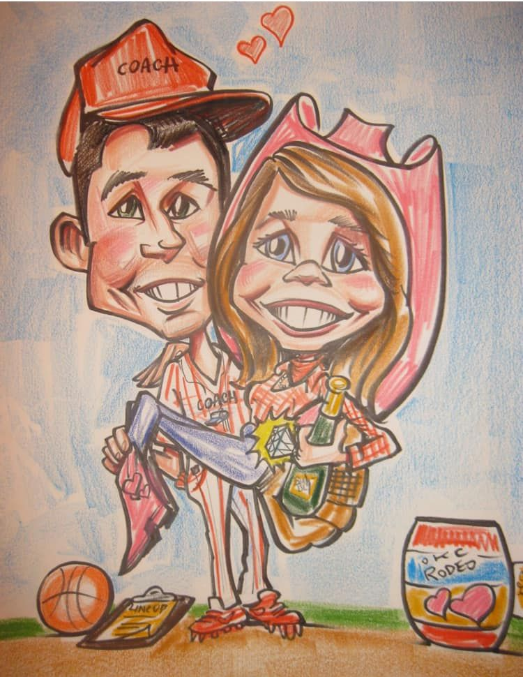 Cartoon of a smiling coach holding a girl in a pink chair, with hearts and sports gear around them.
