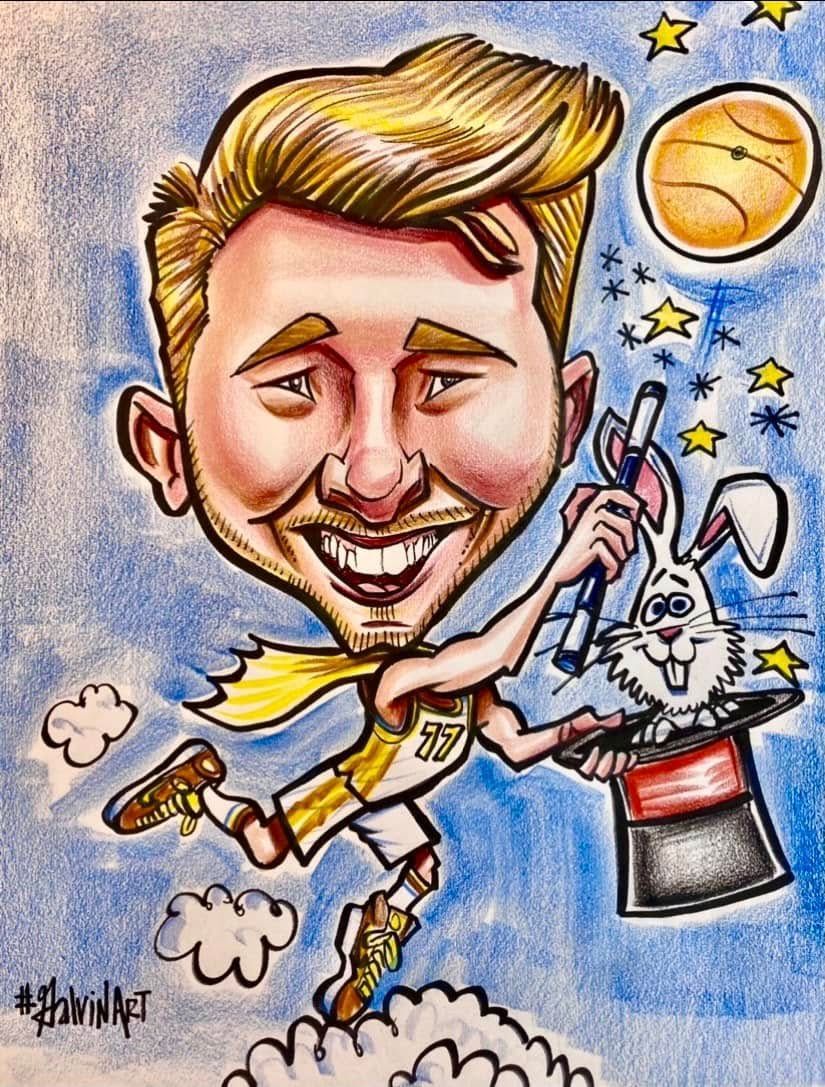 Cartoon of a smiling guitarist floating in a blue sky with stars and a basketball near his head.