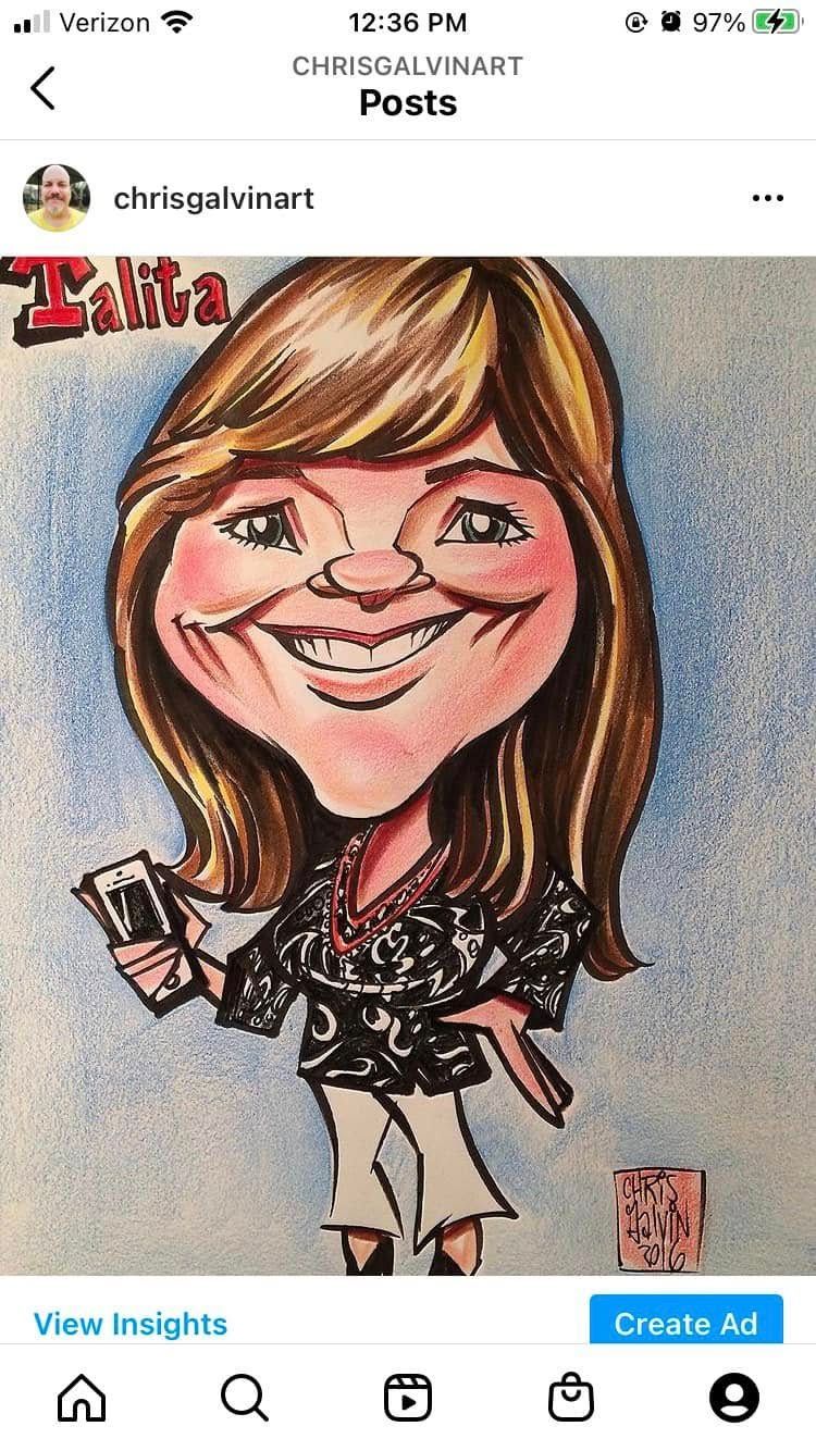 Caricature of a smiling woman with long brown hair, holding a drink, on a white background.