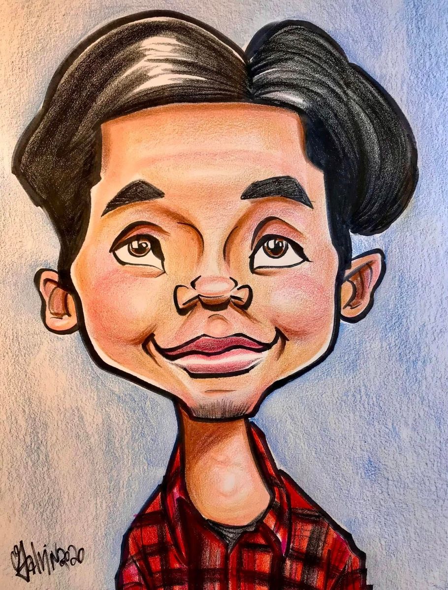 Stylized cartoon portrait with oversized head, black hair, red plaid shirt, and a slight smile on a blue background