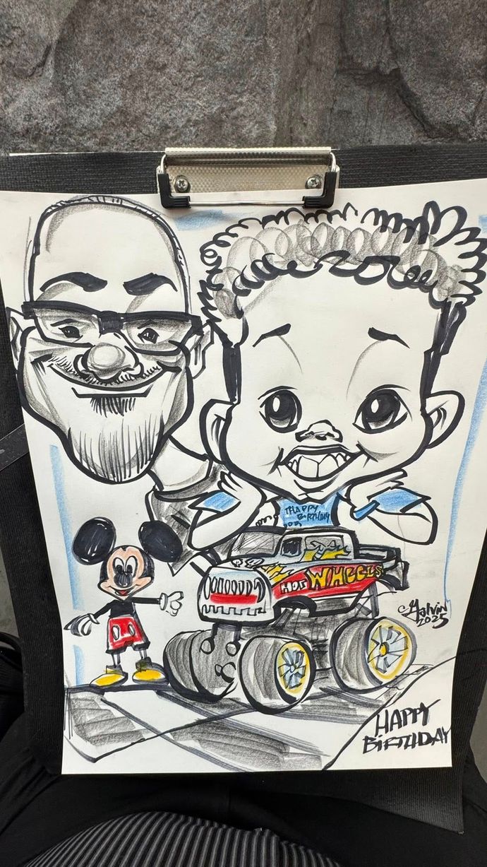 Cartoon drawing of two large smiling faces behind a child on a motorcycle, with a Mickey figure at left.