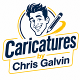 Logo reading “Caricatures by Chris Galvin” with a smiling caricature face and pencil in navy blue and gold.