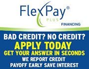 FlexPay Plus financing ad with “Bad credit? No credit? Apply today” and “Get your answer in seconds” text.