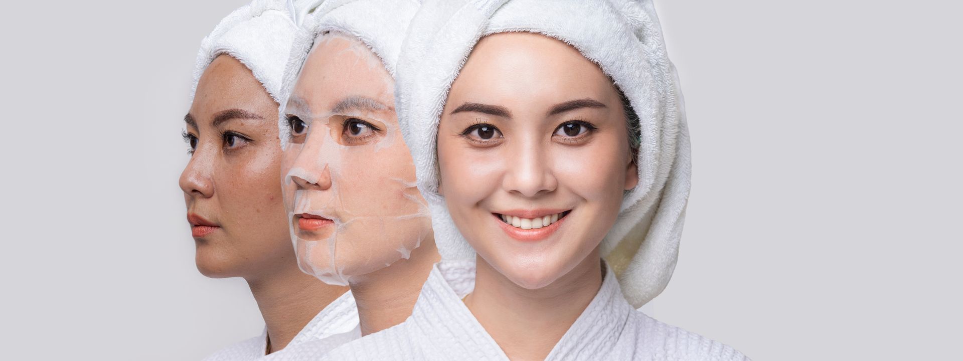 Three views of the same smiling person in a white towel against a light gray background