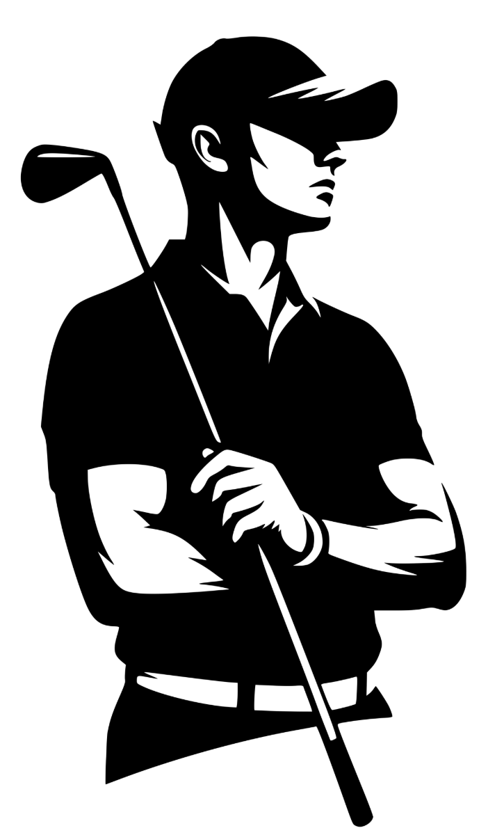 Silhouette of a golfer wearing a cap, holding a club, and looking off to the side.