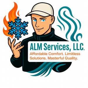 Logo for ALM Services. Cartoon man holding flame and snowflake, with text 