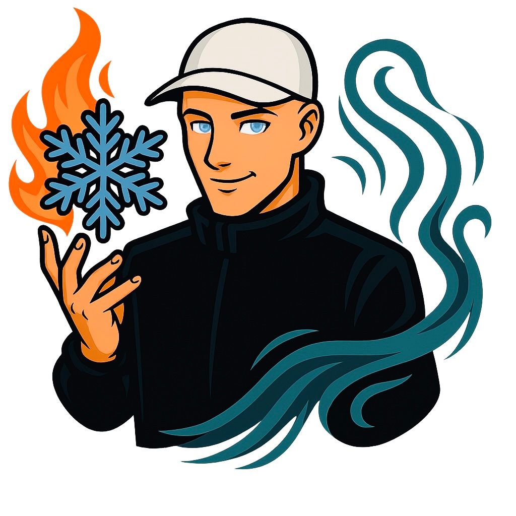 Man with a white cap holding fire and snowflake, water swirls around him.