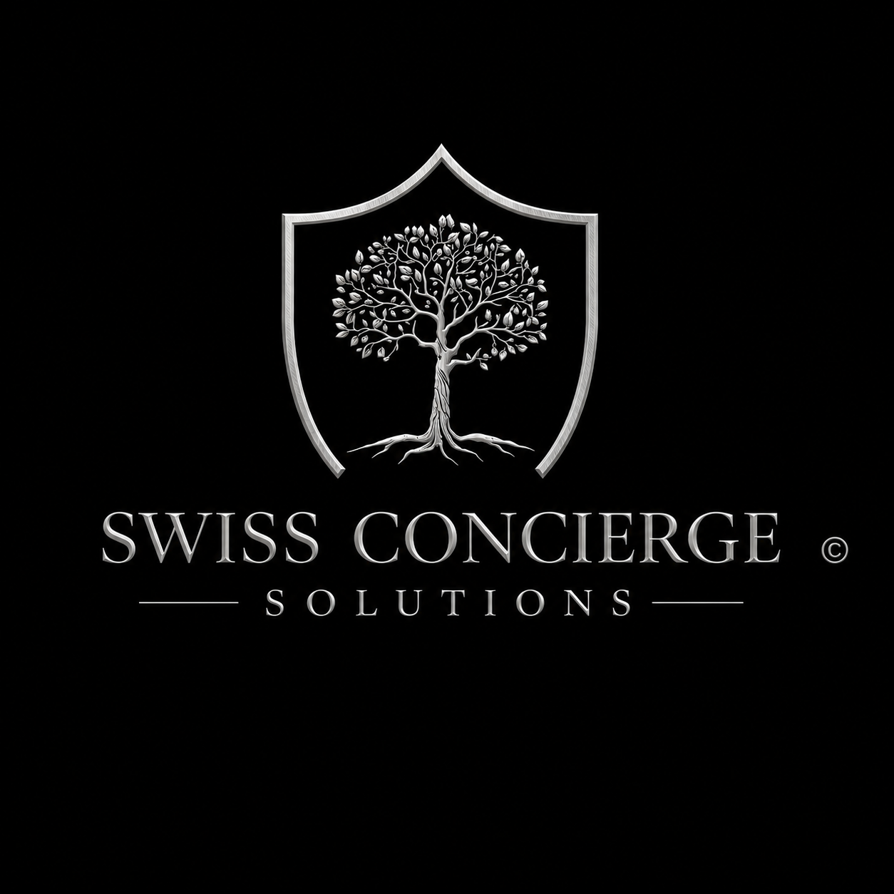 Logo von Black Swiss Concierge Solutions mit einem weißen Baum in einem Schild auf schwarzem Hintergrund