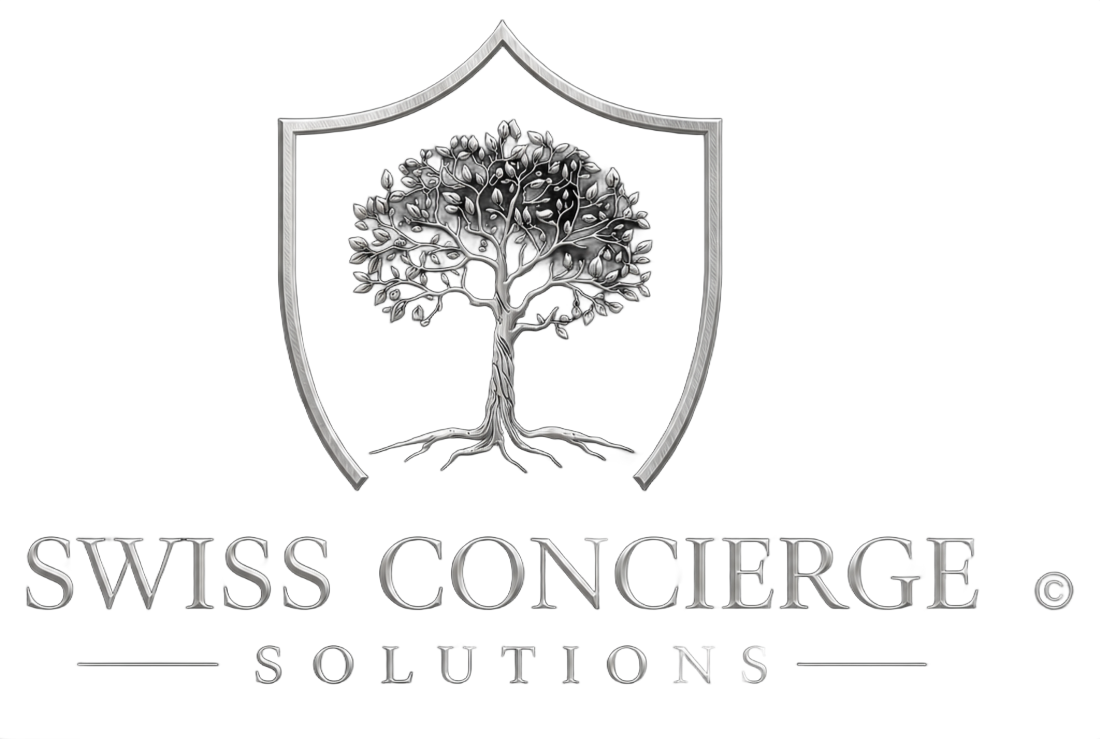 Silbernes Schildlogo mit Baum und dem Schriftzug „Swiss Concierge Solutions“ auf dunkelblauem Hintergrund.
