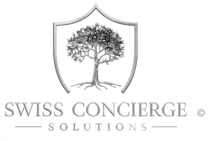 Silbernes Schildlogo mit Baum und dem Schriftzug „Swiss Concierge Solutions“ auf dunkelblauem Hintergrund.