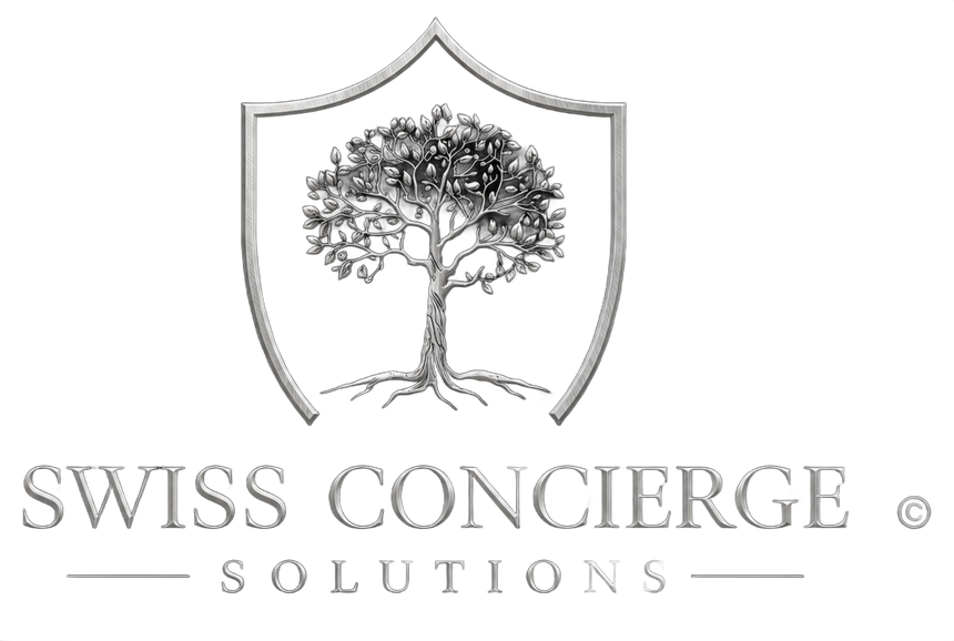 Silbernes Schildlogo mit Baum und dem Schriftzug „Swiss Concierge Solutions“ auf dunkelblauem Hintergrund.