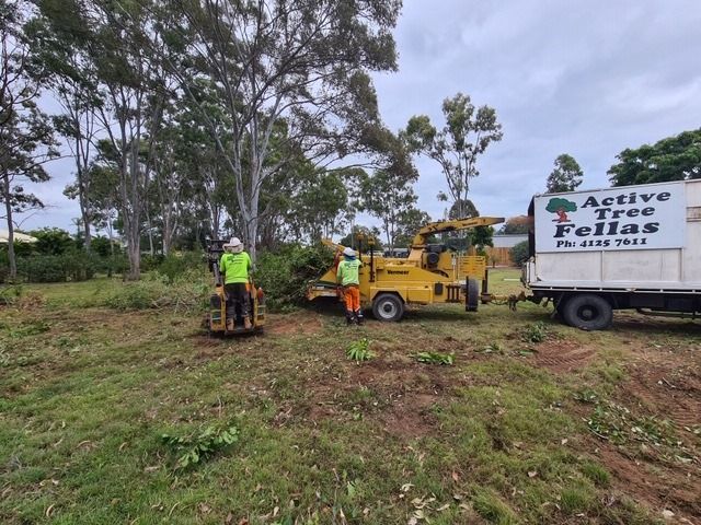 Excavator Picking Up Wood Chips From the Large Pile — Active Tree Fellas in River Heads, QLD