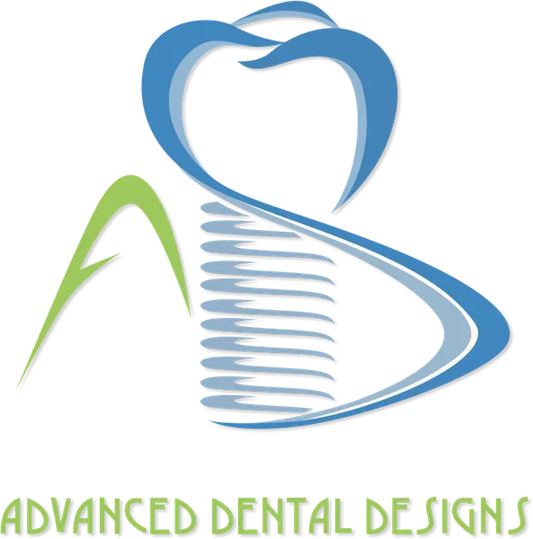 Advanced Dental Designs logo with blue tooth and white tooth-shaped swirl, green accent text