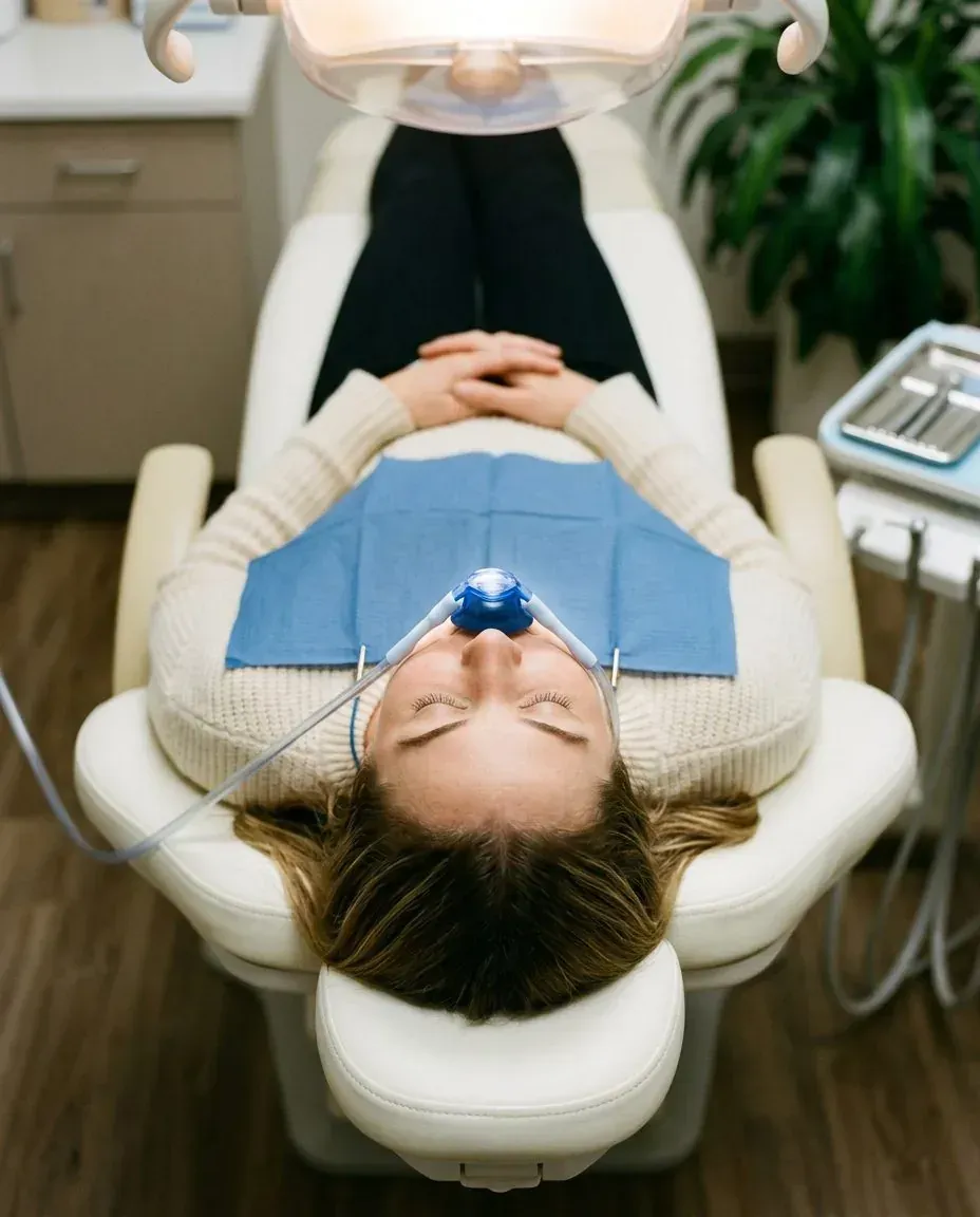 Person reclining in a dental chair with a bib and nose clip during a dental procedure