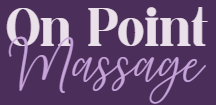 The logo for on point massage is purple and white.