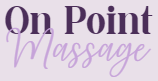 The logo for on point massage is purple and black.