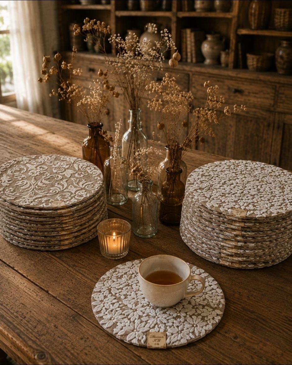 Acogedora mesa con posavasos apilados, flores secas, velas y una taza sobre una mesa de madera.