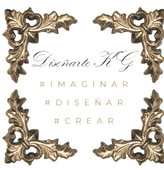 Esquinas doradas ornamentadas que enmarcan “Disenarte KG” con los hashtags #IMAGINAR #DISEÑAR #CREAR sobre fondo blanco.