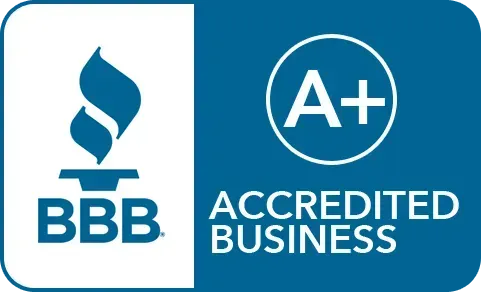 A blue and white logo for an accredited business.
