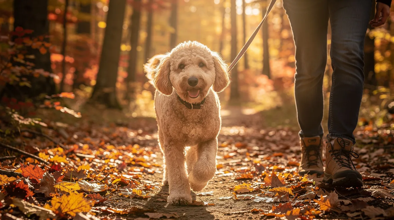 A small golden doodle dog, likely a miniature goldendoodle, walks along a leaf-covered trail in autumn with its owner, showcasing the dog's playful personality amidst the colorful fall foliage. The scene captures the bond between the dog and its owner, highlighting the joy of outdoor activities with smaller dogs during this vibrant season.