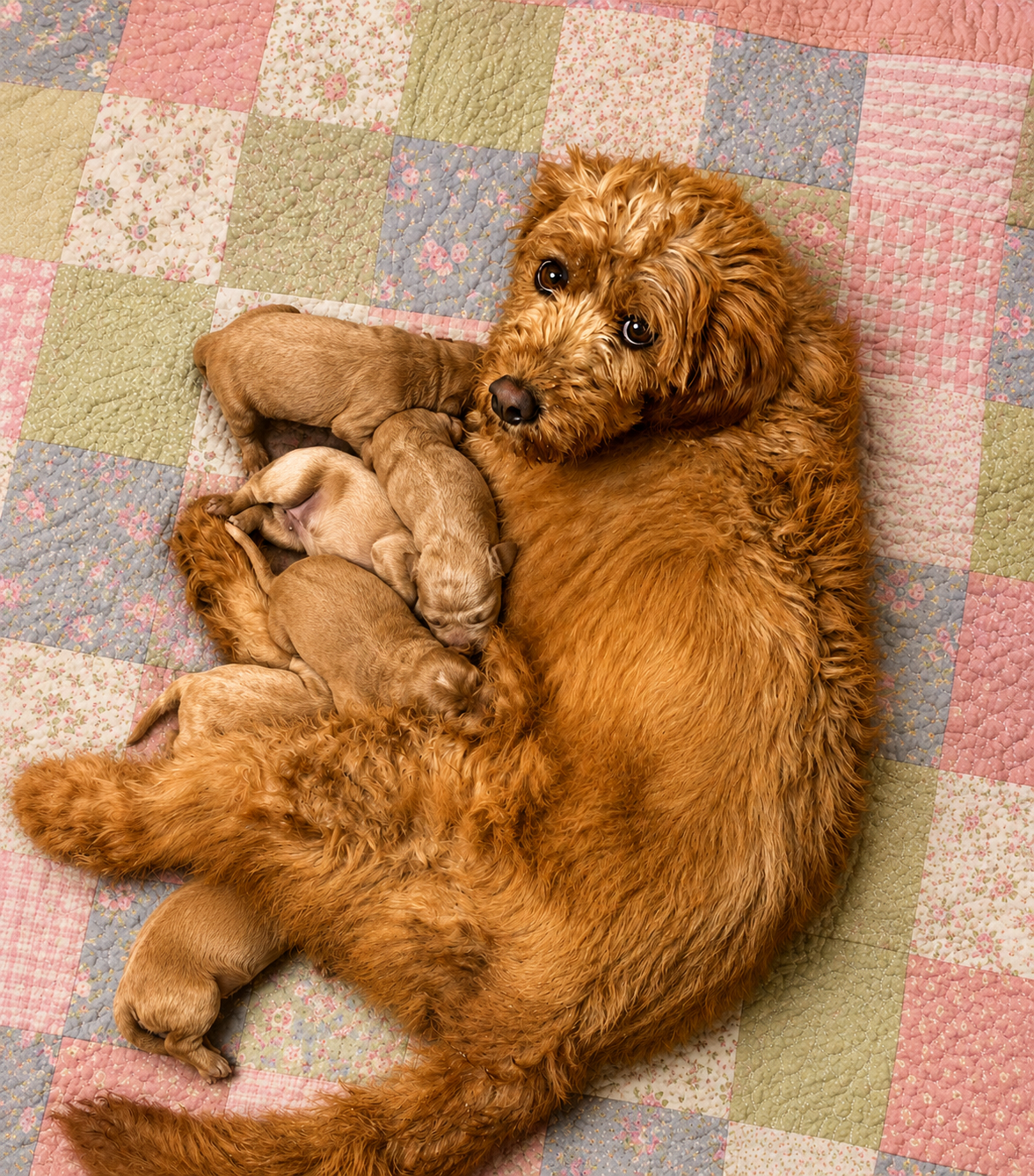 Brown dog curled around sleeping puppies on a pastel patchwork quilt