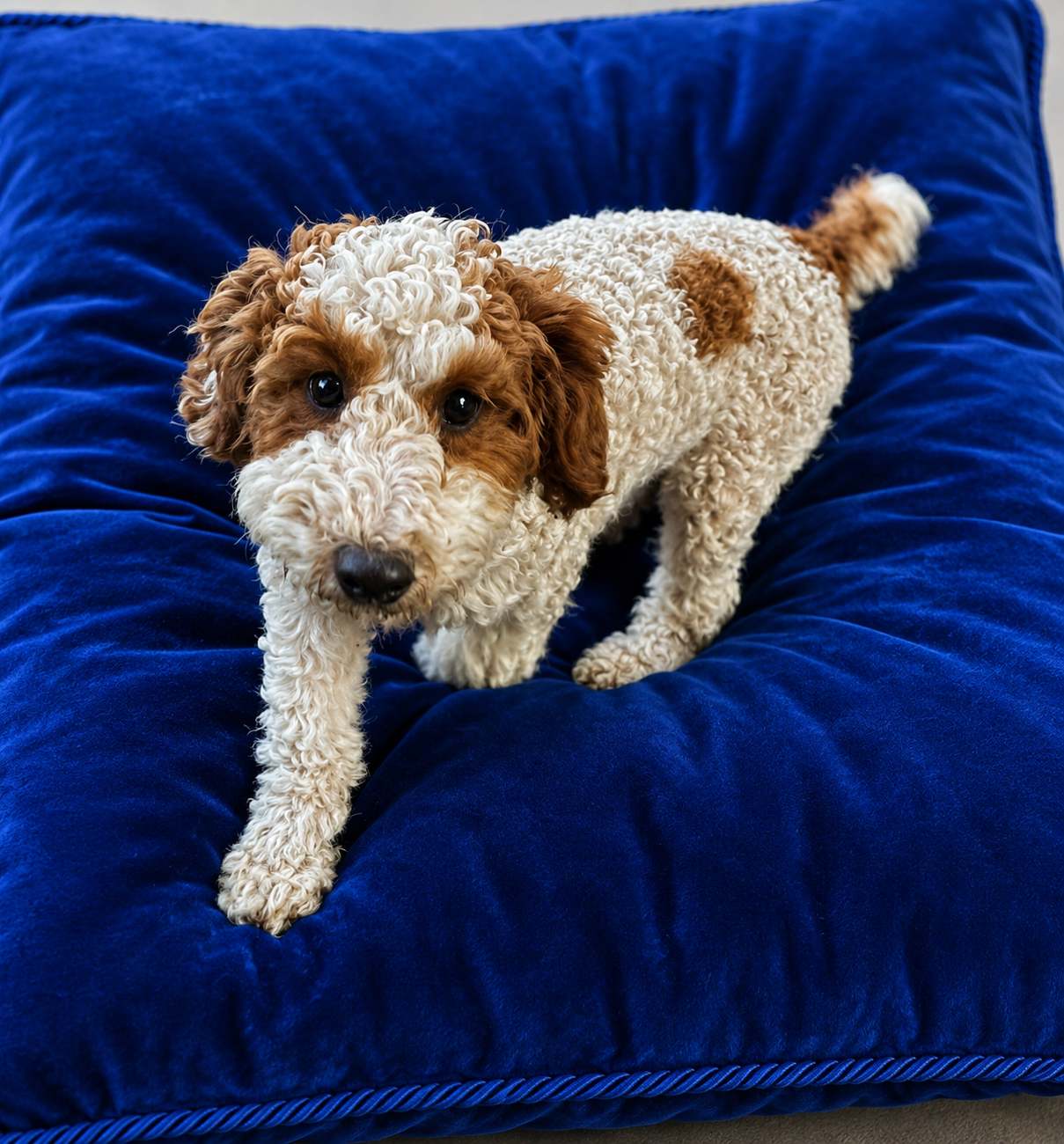 Curly-haired brown and white puppy standing on a bright blue cushion