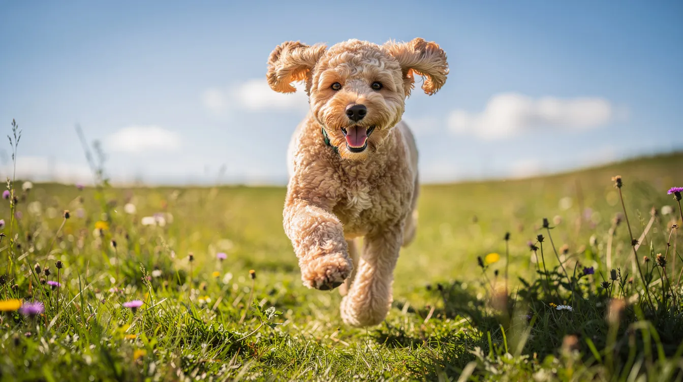 A joyful golden-colored Goldendoodle with floppy ears is running energetically through a lush grassy field on a sunny day, embodying the happy life that many pet owners seek for their dogs. This playful scene highlights the importance of proper care and a healthy lifestyle to help Goldendoodles live a long and fulfilling life.
