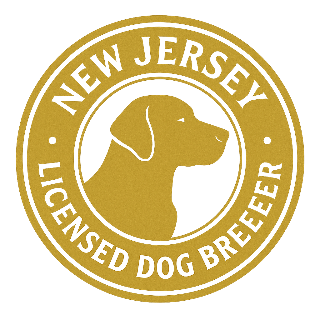 New Jersey Licensed Dog Breeder gold seal logo with dog silhouette