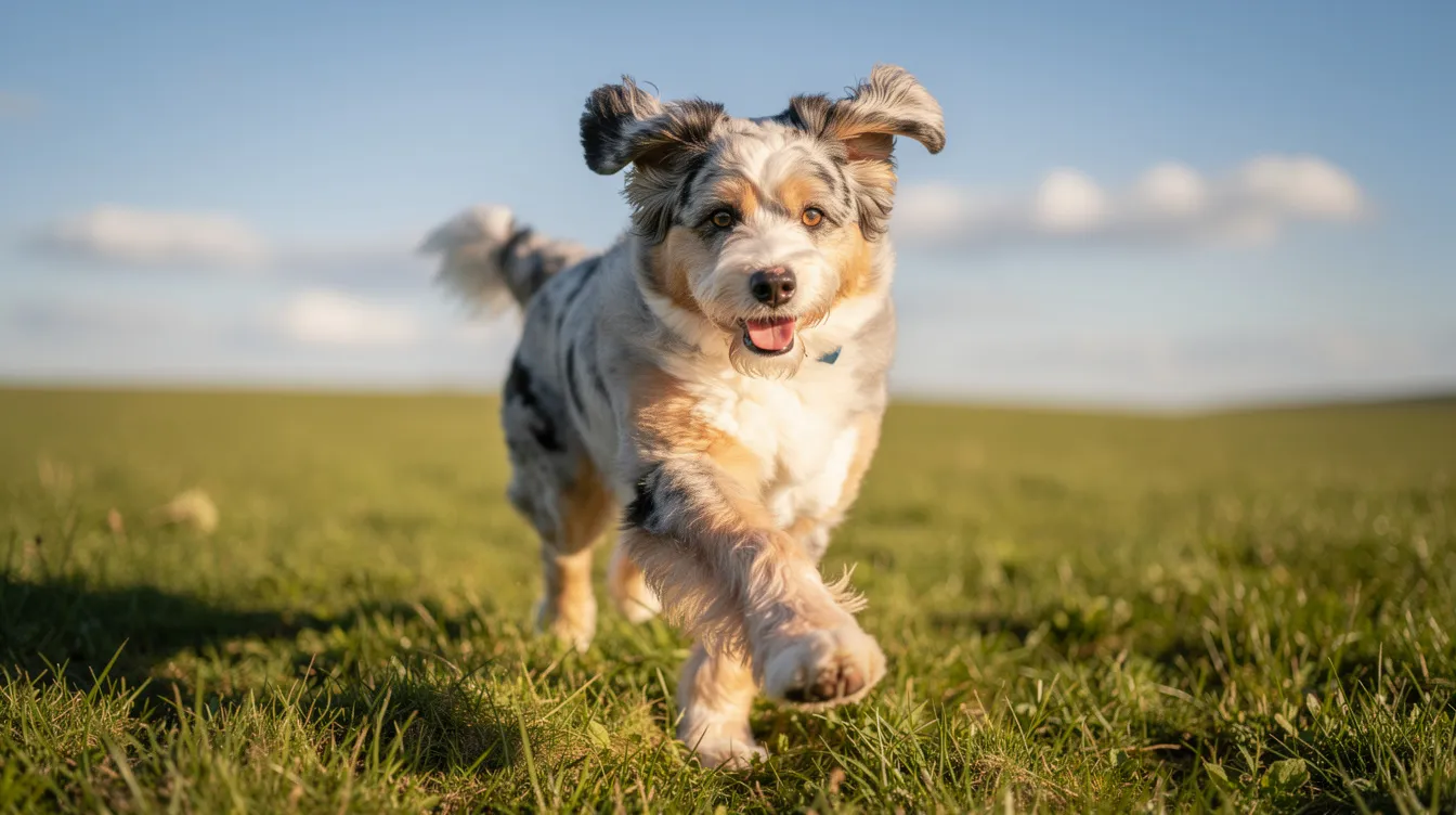 A fluffy Aussiedoodle with a striking merle coat joyfully runs through a vibrant grassy field under a bright sun, showcasing its playful nature. This hypoallergenic dog is a great companion for families, as it combines the affectionate qualities of poodles and other breeds while minimizing allergens.