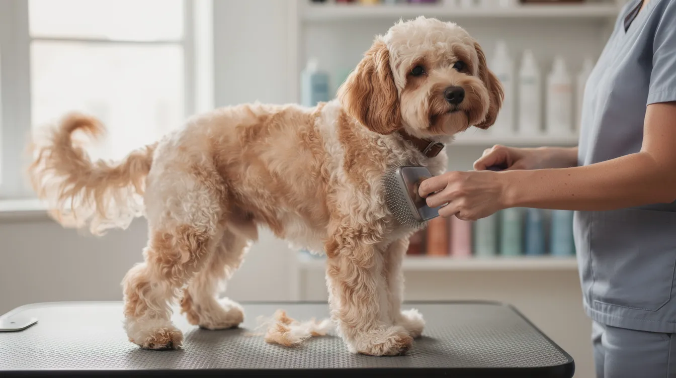 A person is gently brushing the wavy coat of a miniature goldendoodle on a grooming table, highlighting the dog's soft, non-shedding fur. The scene captures the loving bond between the groomer and this adorable hybrid dog, known for its friendly personality and suitability as a family pet.