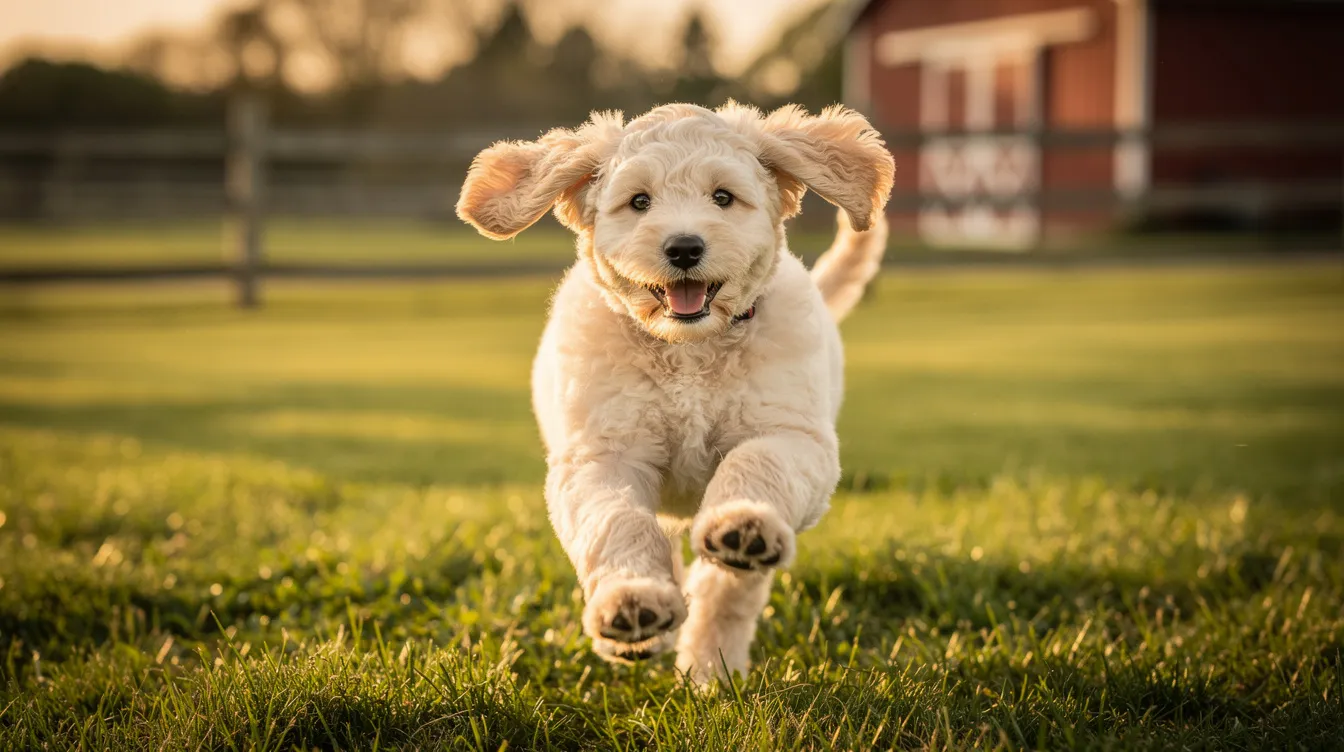 Happy cream-colored dog running toward the camera on a grassy field near a barn