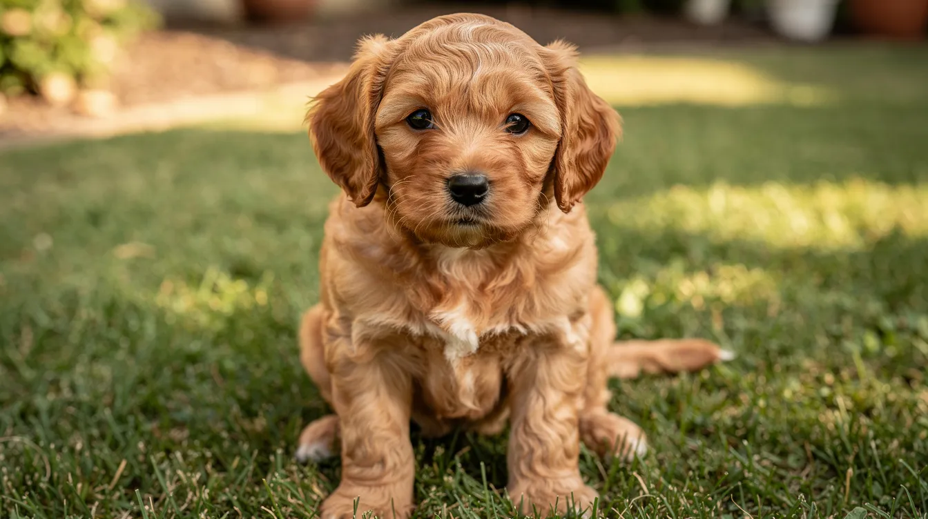 A fluffy apricot miniature goldendoodle puppy is sitting on a vibrant green lawn, looking directly at the camera with an adorable expression. This cute pup, known for its loving personality and hypoallergenic coat, embodies the charm of both miniature poodles and golden retrievers.