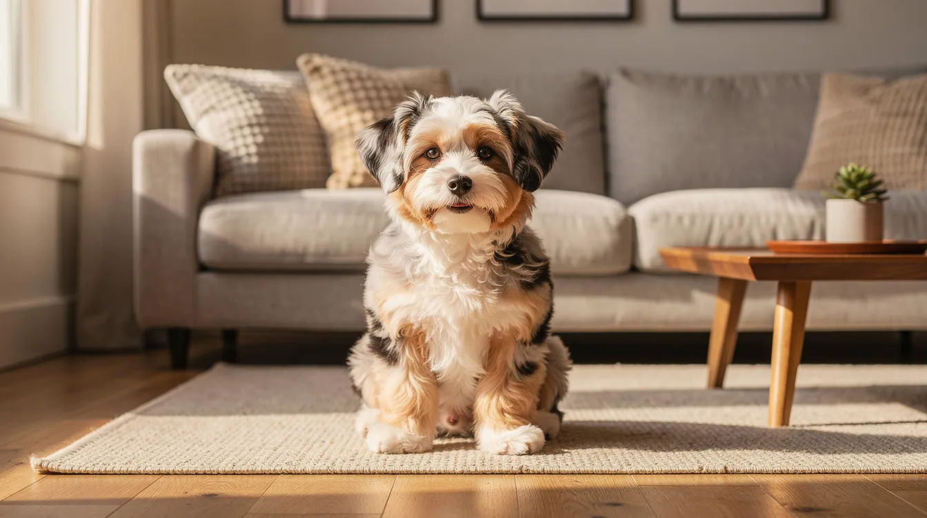 Small fluffy dog sitting on a rug in a sunlit living room with a sofa and coffee table.