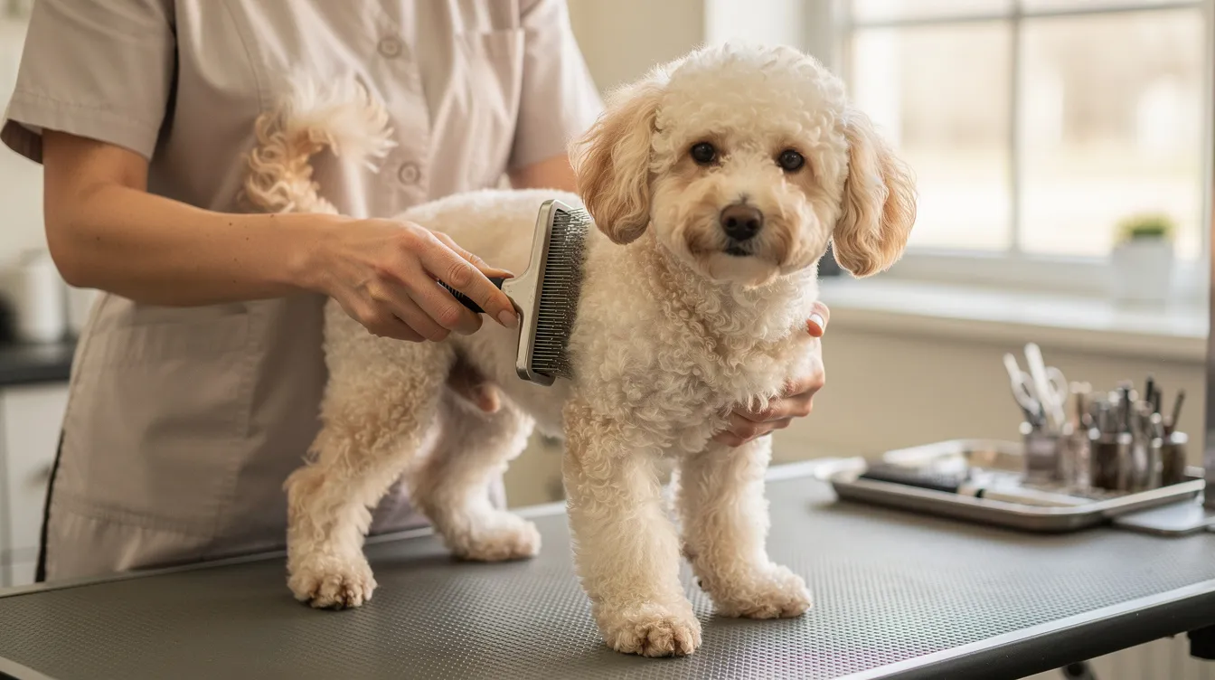 A person is gently brushing a curly-coated cream-colored doodle puppy on a grooming table, showcasing the puppy's hypoallergenic qualities and non-shedding fur. This scene highlights the importance of regular grooming for maintaining the health and cleanliness of low-shed dogs, making them great companions for dog lovers and families with allergies.