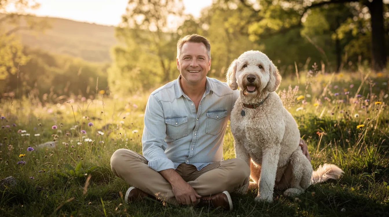A man sits peacefully in a natural setting alongside a friendly labradoodle, showcasing the companionship and joy that these dogs bring to families. This scene reflects a nurturing environment that emphasizes responsible breeding practices and the well-being of both parent dogs and their puppies.