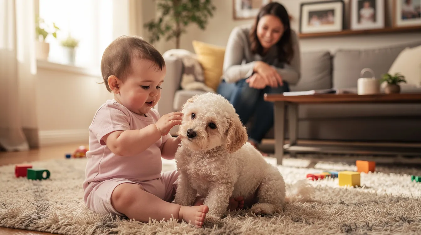 A toddler is sitting on the living room floor, gently petting a small curly-coated puppy while a parent watches nearby, showcasing the affectionate bond between children and hypoallergenic dogs. The scene highlights the joy of having a new pup in a family setting, ideal for those concerned about dog allergies and seeking non-shedding breeds.