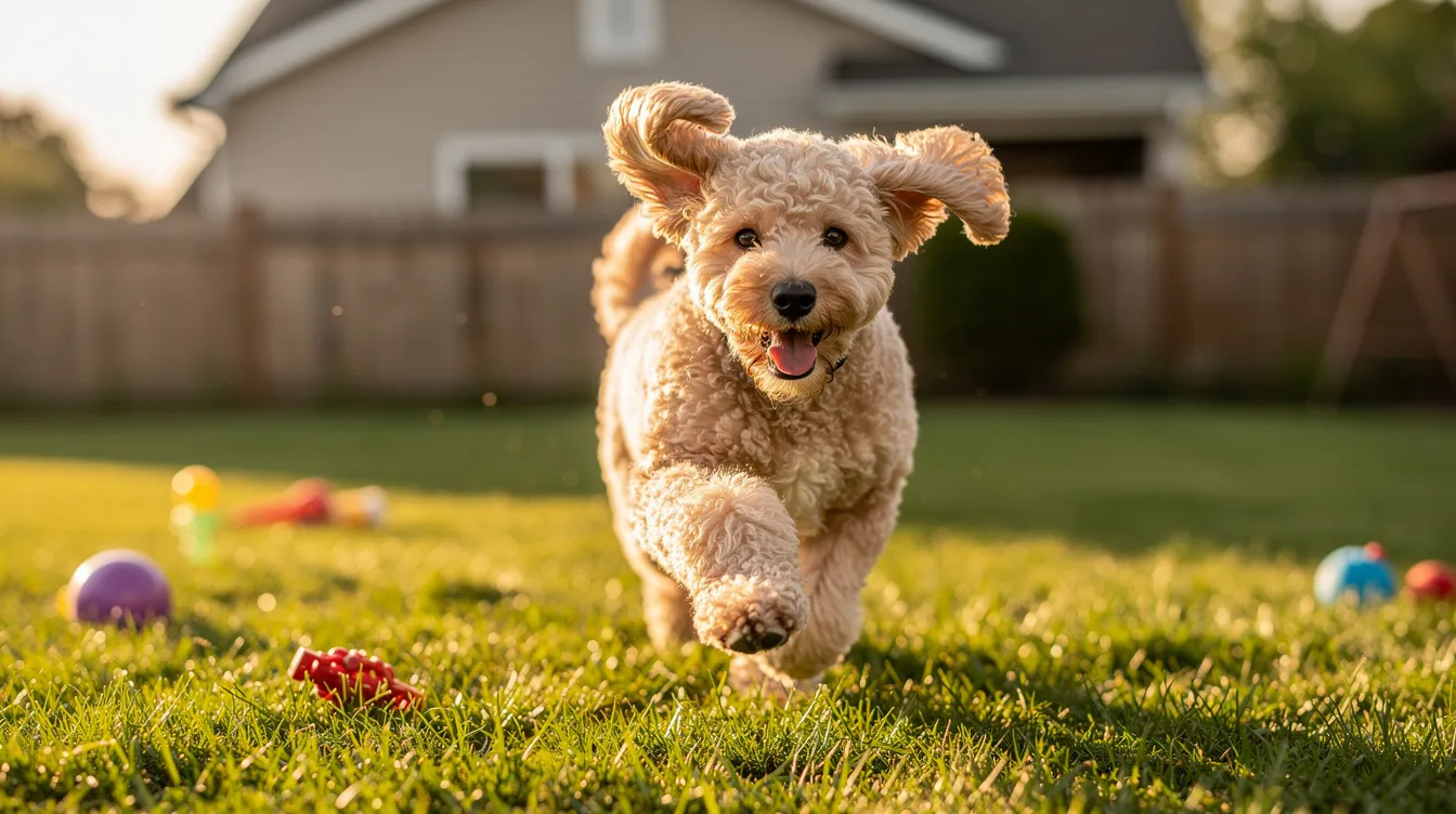 A happy labradoodle puppy is joyfully playing in a grassy family yard, showcasing its energetic and affectionate nature. The puppy's curly coat glistens in the sunlight as it interacts with toys, embodying the playful spirit typical of labradoodle puppies.