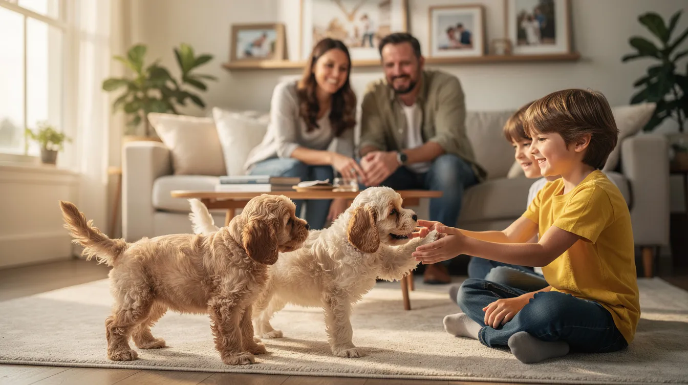 Small curly brown puppy sitting on a rug in a bright living room with potted plants.
