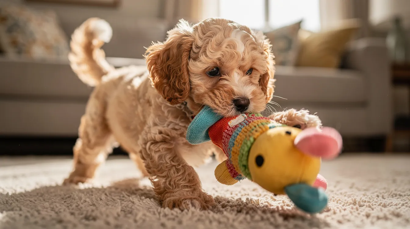 A playful Cavapoo puppy is engaged in a tug of war with a colorful plush toy, showcasing its energetic spirit and love for play. This scene highlights the joy of having a new furry friend and the importance of providing engaging toys for their mental stimulation and well-being.