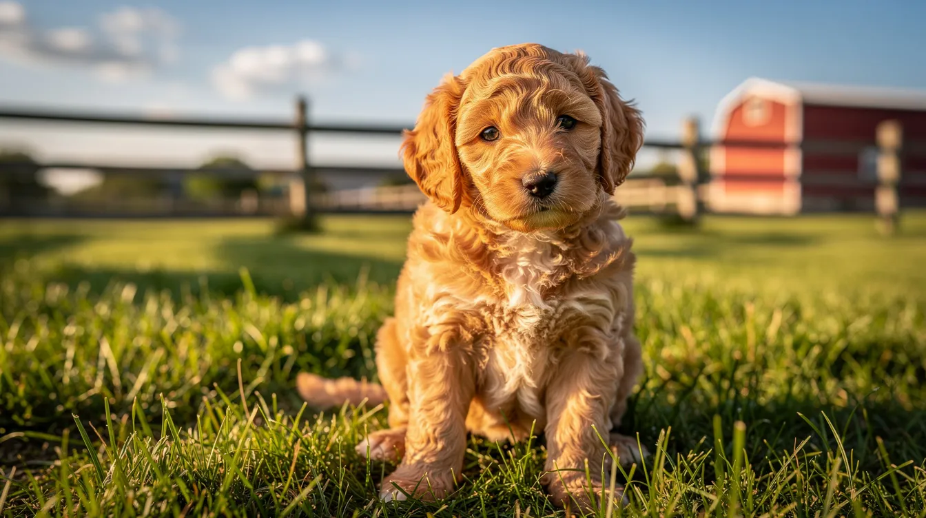 A golden-colored puppy sits in a grassy field in front of a wooden fence and a red barn at sunset.