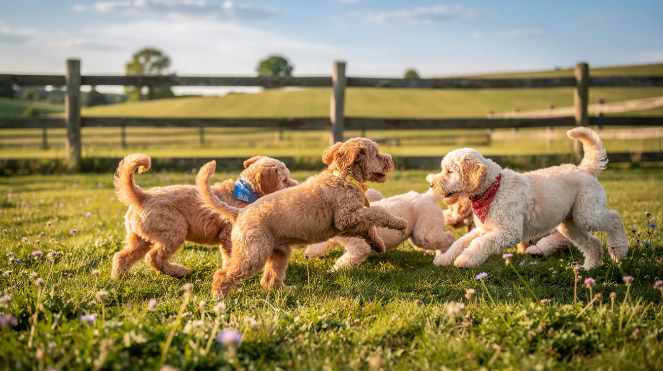 Three playful dogs running through a grassy field near a wooden fence at sunset