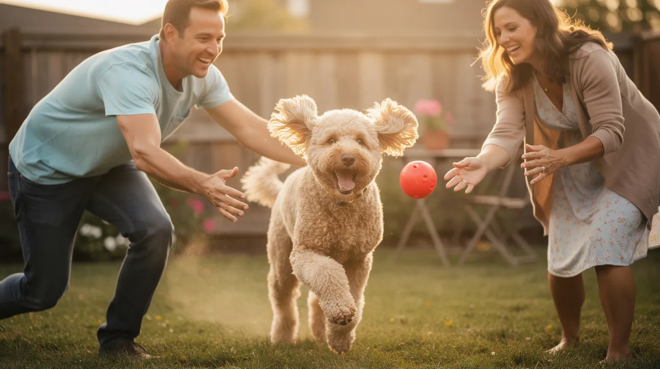 A playful goldendoodle is enjoying time with a married couple in their apartment, showcasing the dog's friendly nature and adaptability to smaller living spaces. The scene reflects the joy of apartment life with a beloved pet, highlighting the goldendoodle's intelligence and playful spirit.
