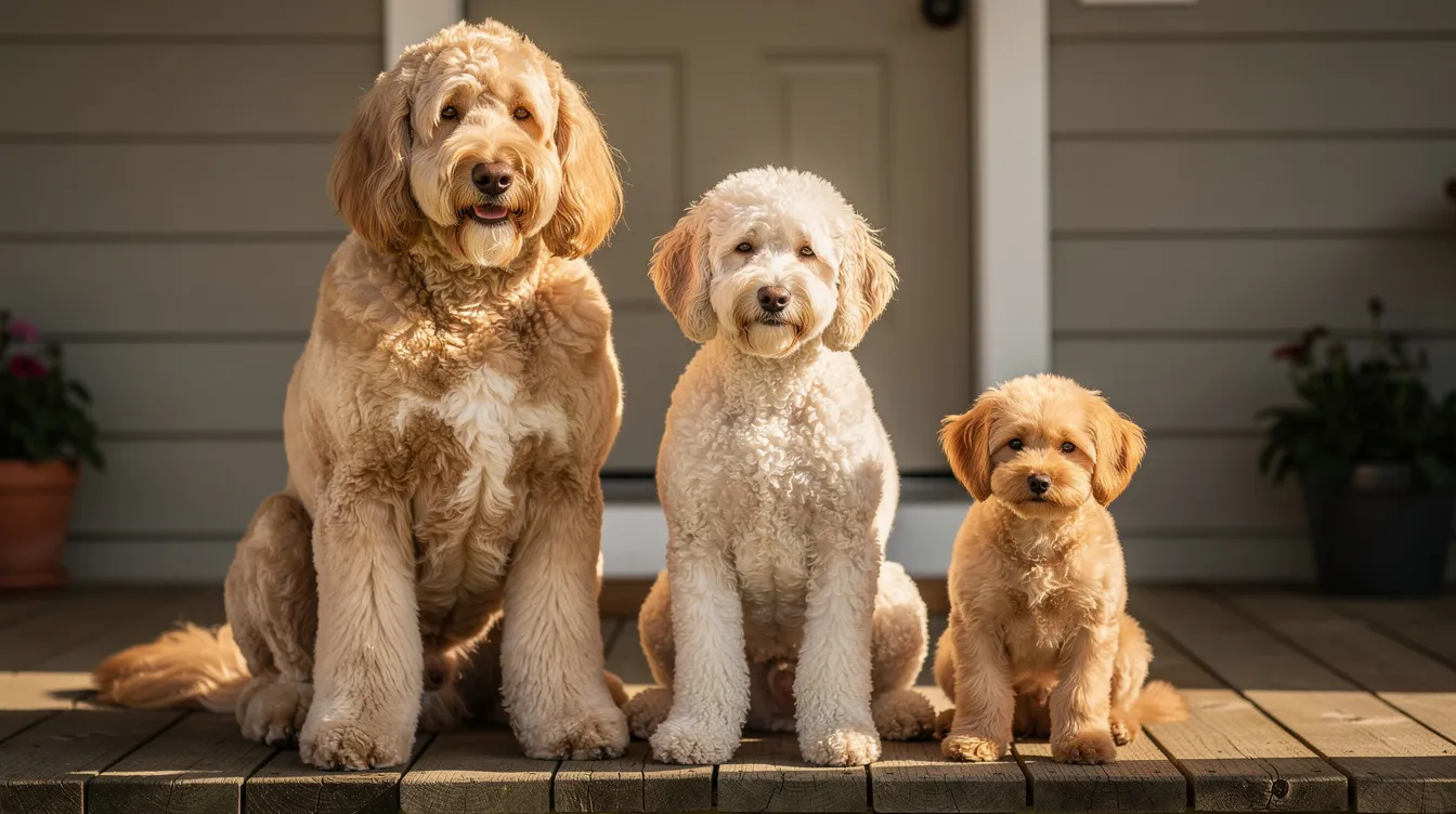 Three Goldendoodles of varying sizes, from a large standard to a small mini, sit side by side on a porch, showcasing the breed's diversity. With their floppy ears and low shedding coats, these friendly dogs represent the loving companionship that Goldendoodles provide throughout their average lifespan.