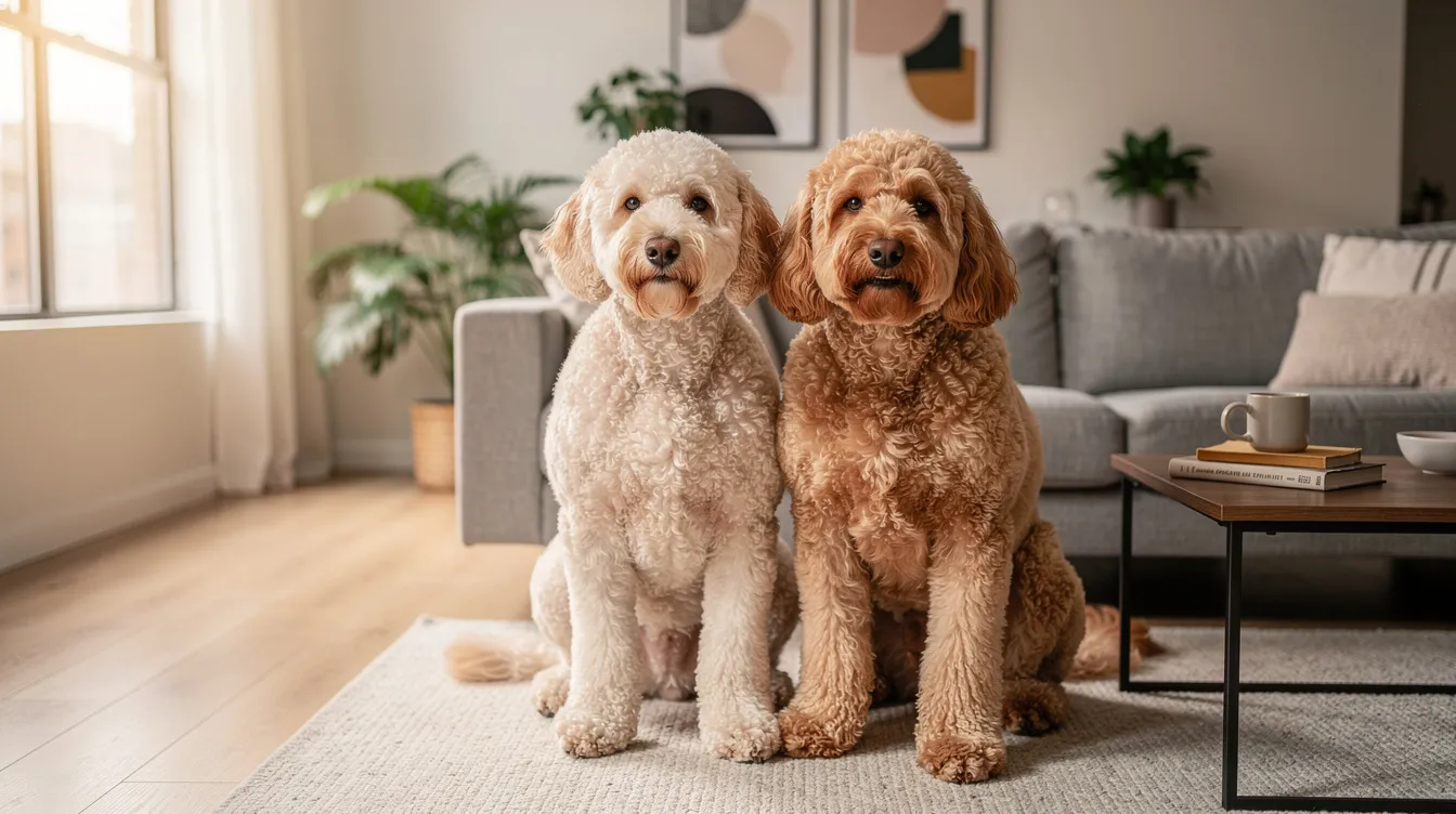 Two curly-haired dogs sitting on a rug in a bright living room.
